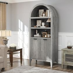 72" Tall Arched Bookcase, Grey Large Floor Standing Bookshelf with Fluted Doors, Book Case for Living Room Hallway Kitchen Home Office Bedroom