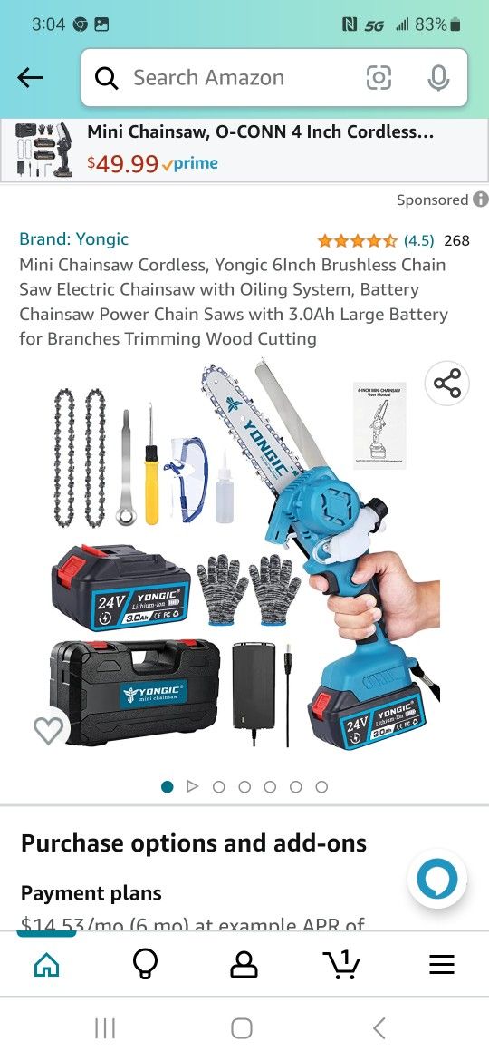 Mini Chainsaw Cordless, Yongic 6Inch Brushless Chain Saw Electric Chainsaw with Oiling System, Battery Chainsaw Power Chain Saws with 3.0Ah Large Batt