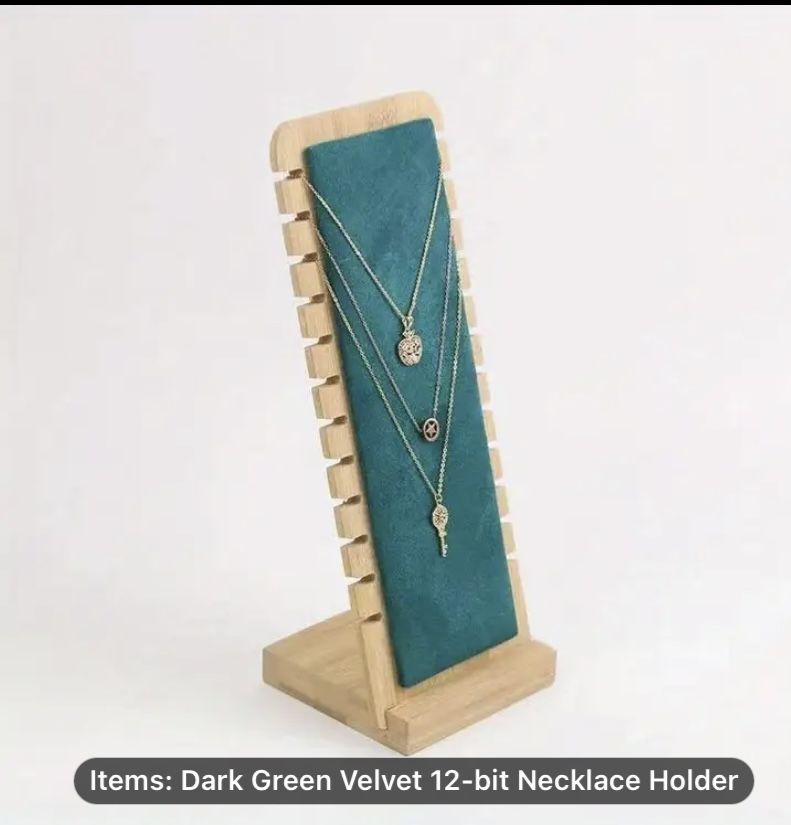 Dark Green Bamboo Jewelry Display Rack - 12-Slot Necklace / Bracelet Holder, Space-Saving Organizer- light weight easy for travel ! Can use vertical o