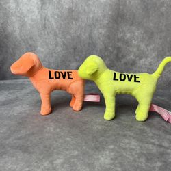 Victoria’s Secret PINK Plush Dogs LOVE Set of 2 Neon Yellow & Orange Stuffed
