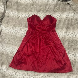 Red Satin Mini Dress with Pearl Straps