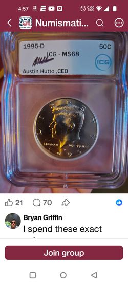 1995D Kennedy half dollar Ms 68