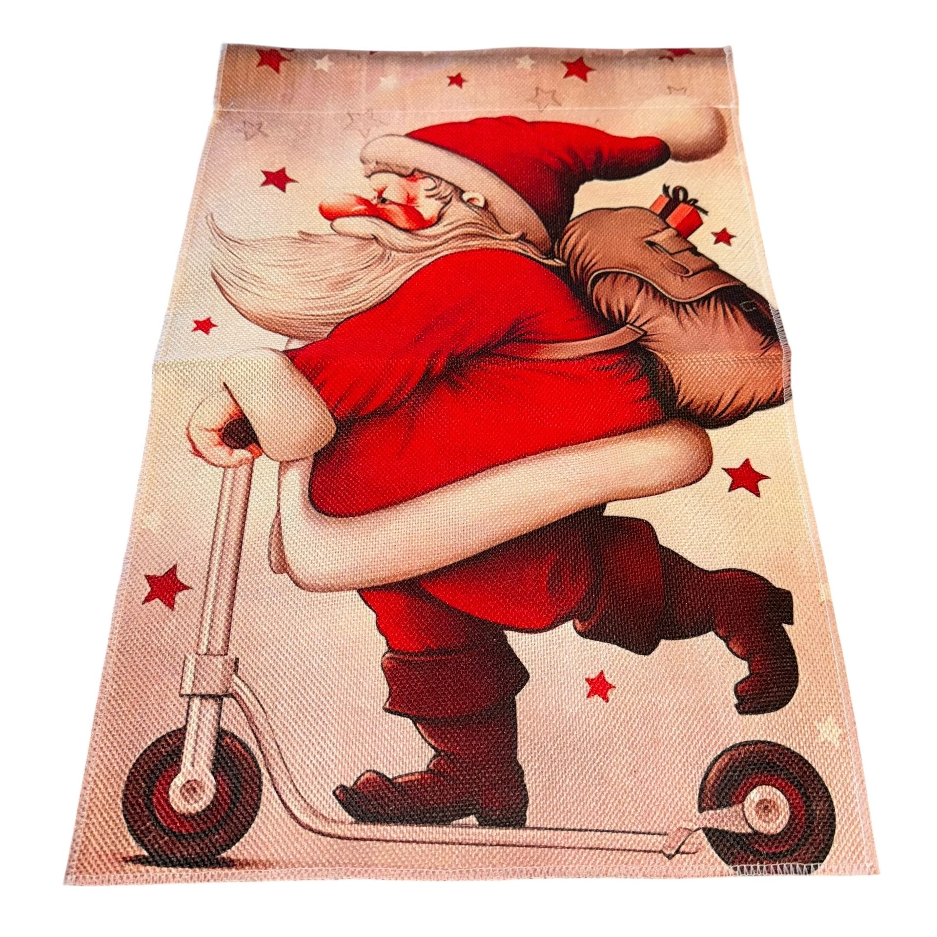 Christmas Garden Flag 12”x18” Doubled Sided Santa On Scooter New Without Tags New Double sided Cavas Fabric 12”x18”