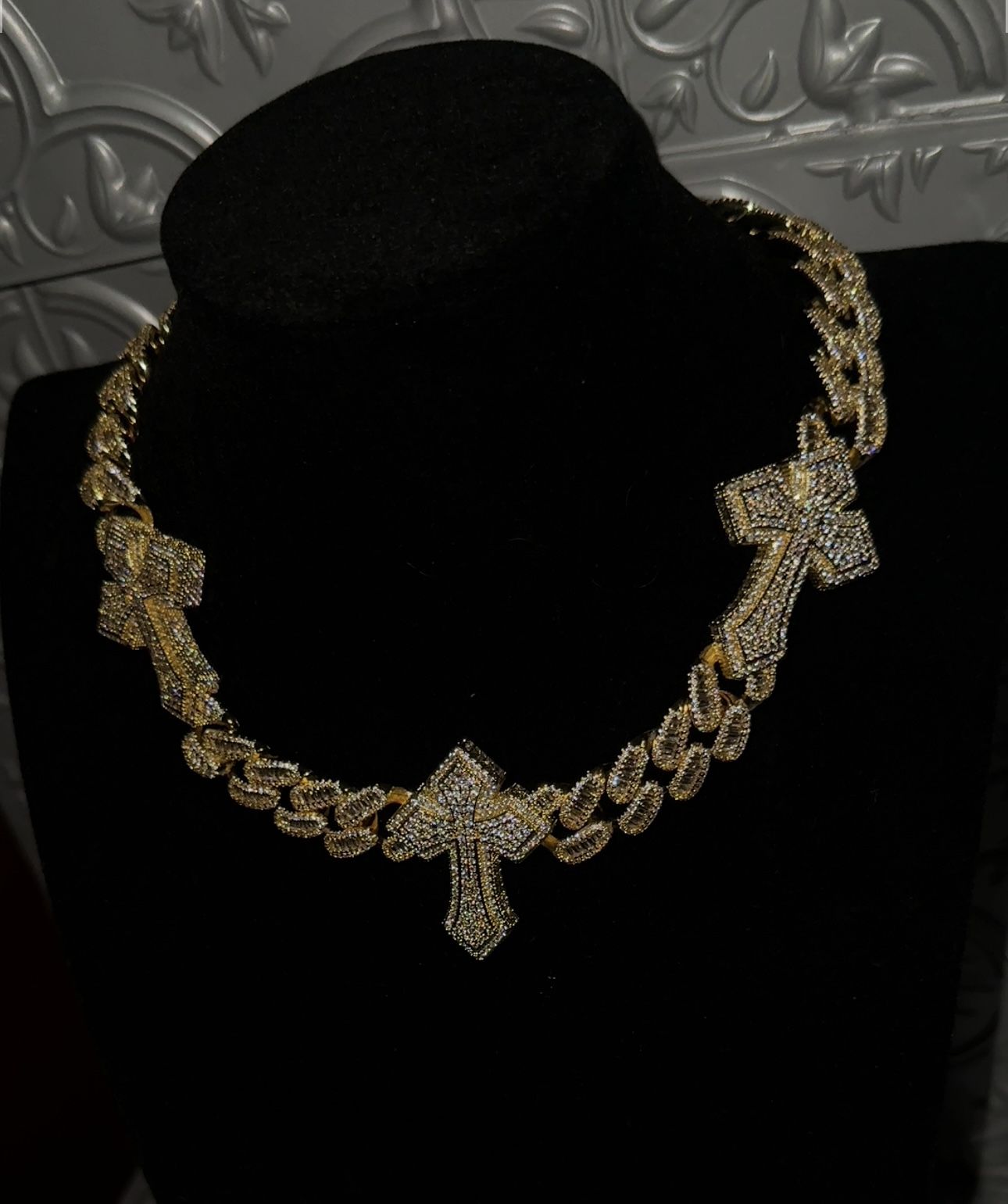 18 k Gold Plated Baguette Style Triple Cross Cuban