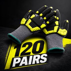 120 pairs Basics Safety Work Gloves, Cut Level A1, Abrasion ANSI Level A4, Impact Protection, Touch Screen Friendly, 15G Sandy Nitrile Palm, Yellow, S