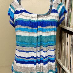 FYLO Chain Link Scoop Neck Multi Striped Tunic Top Pleated Blouse Women's L