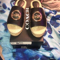 COACH Camille Leather Espadrilles Black w/Gold Emblem Size 6.5 B