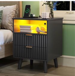 Dark Gray Nightstand with LED Light and Drawers
