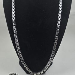 Stainless Steel Box Chain Necklace 24" + Bracelet 8.75" – Signed Charms – 