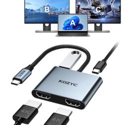 USB C to Dual HDMI Adapter 4K@30Hz, KOZYC USB C Hub Multiport Adapter with 2xHDMI, USB 3.0, 100W PD, Support USB C to HDMI Splitter Extended Display f