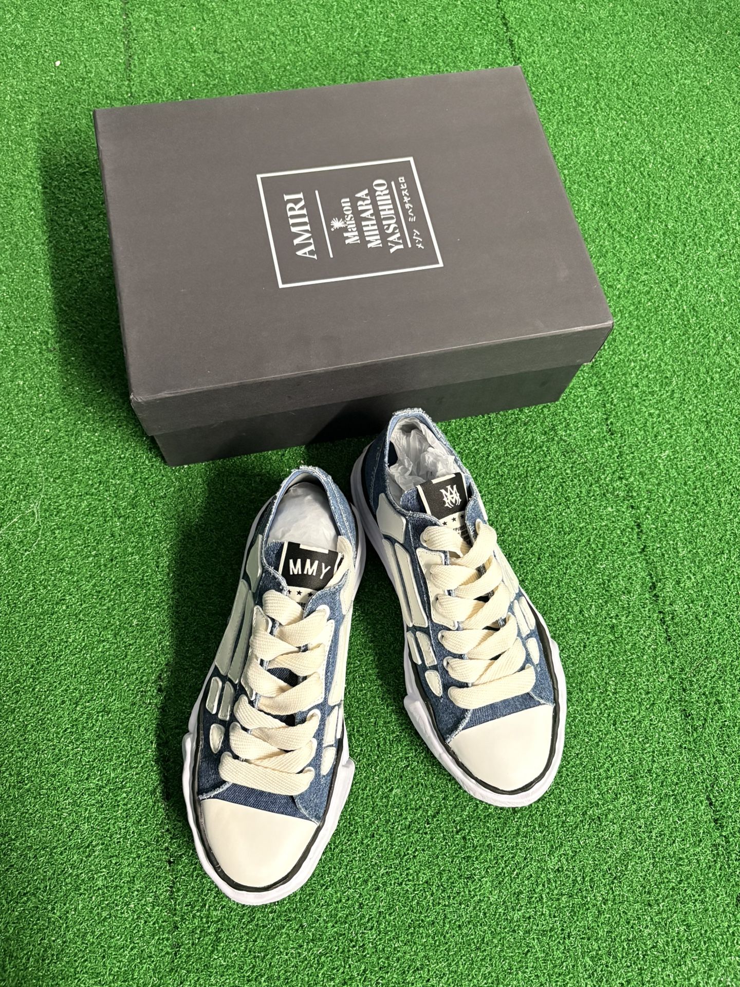 blue and cream denim sneakers