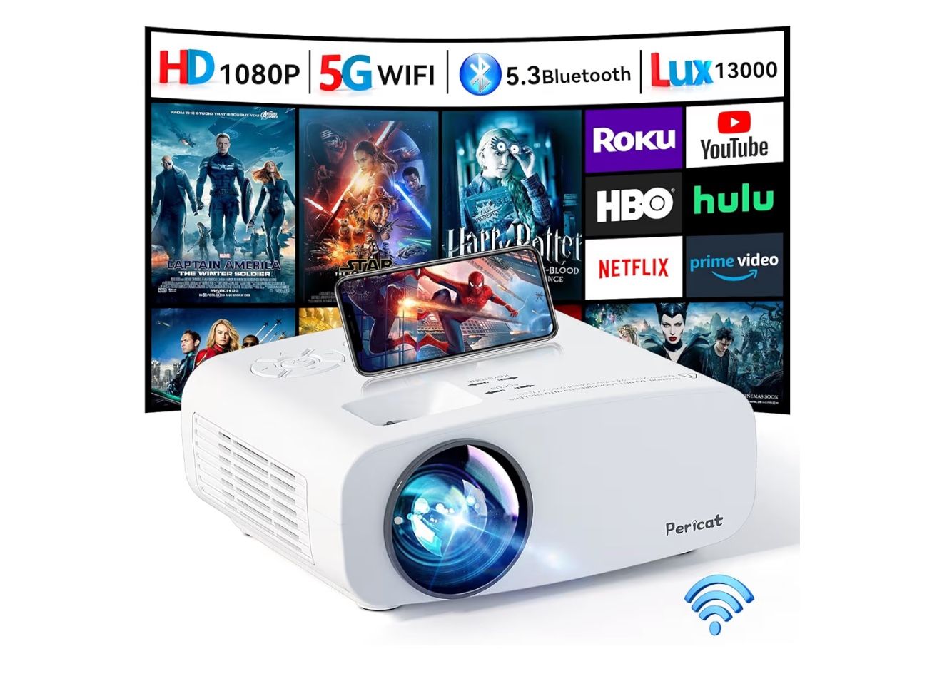 Projector with WiFi and Bluetooth, Pericat 4K Supported Native 1080P Projector, Portable Movie Outdoor Projector for Home Theater, Mini Projector Comp