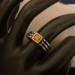Vintage Stainless Steel SilverTone Ring With Amber Rhinestone ..Size 7