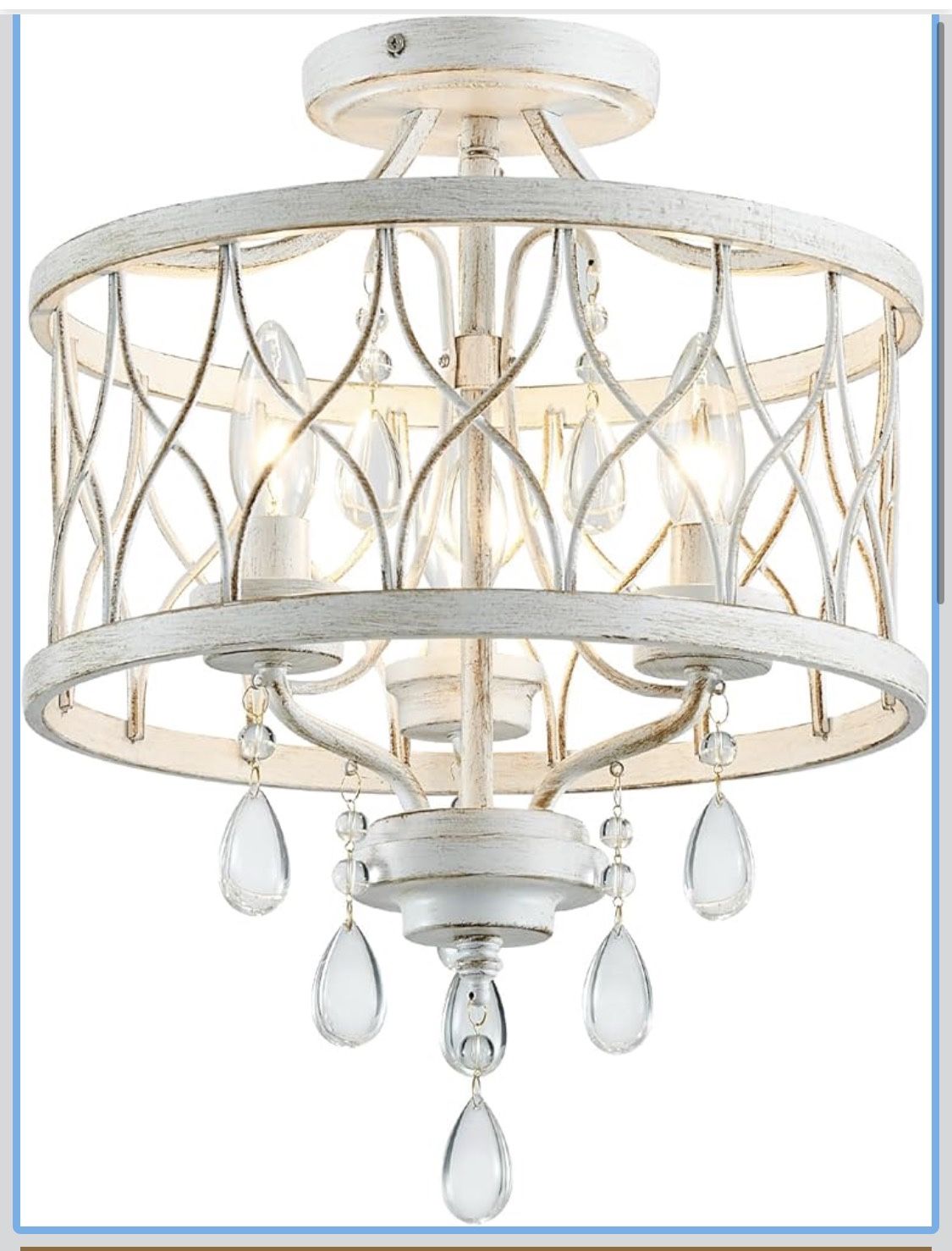 Farmhouse Crystal Ceiling Light Fixture, 3-Light Semi Flush Mount Crystal Chandelier Light Fixture Rustic Vintage White Pendant Ceiling Lamp for Hallw