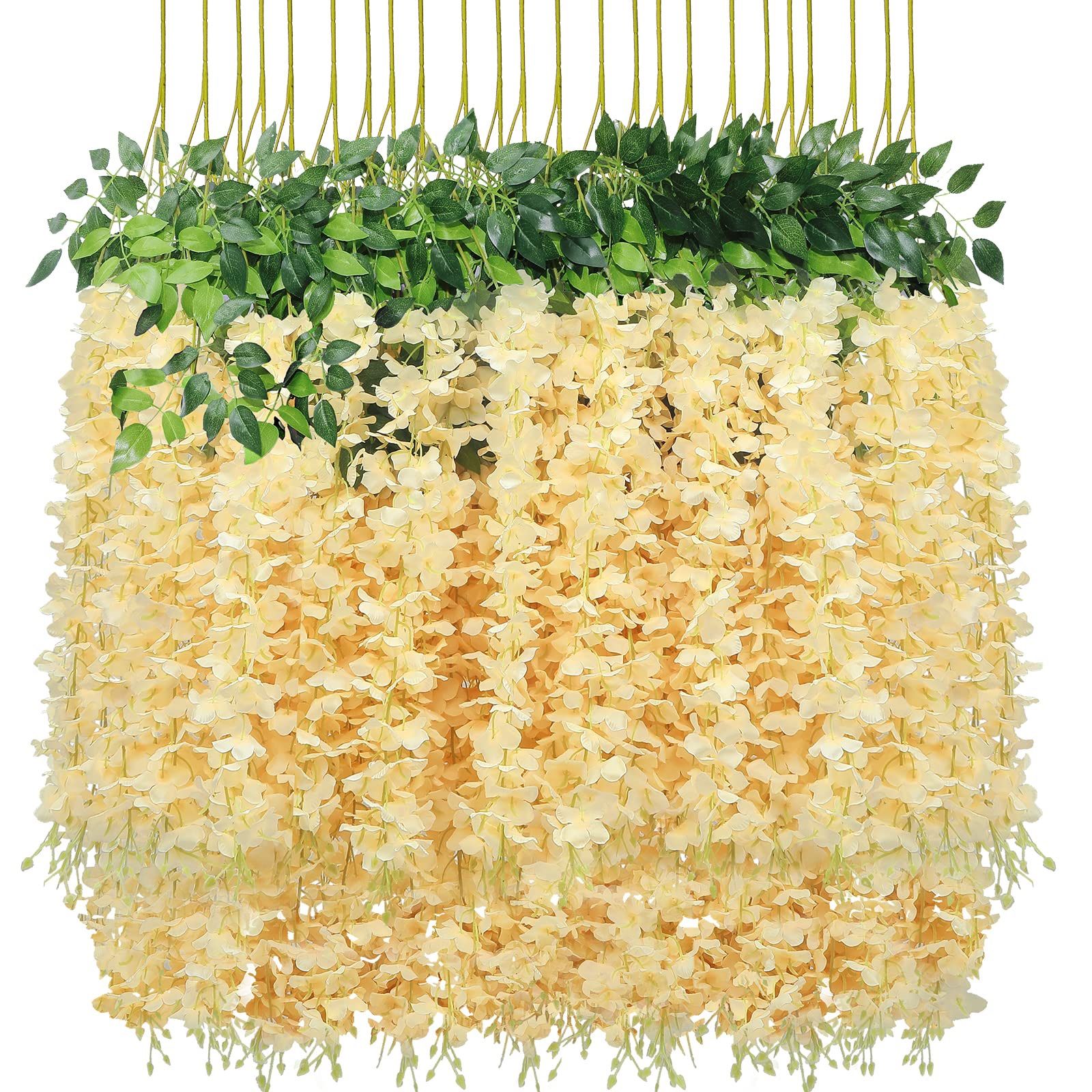 Pauwer Wisteria Hanging Flowers 24 Pack Fake Flower Garland Artificial Wisteria Vines Rattan Silk Flower String Wedding Party Wall Decorations,Champag