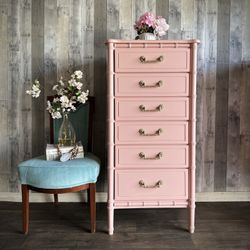 🌺 Newly Refinished  Faux Bamboo Tall Dresser/ Soft Pink/ I Can Deliver 