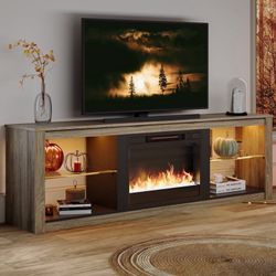 Electric Fireplace TV Stand Modern Entertainment Center for TVs up to 75" with LED Light and Storage Shelves in Wash Gray