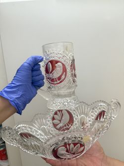 Crystal Hofbauer Red Bird Candy Dish Bowl And Glass