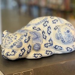 Blue and White Glazed Porcelain Sleeping Cat Sculpture