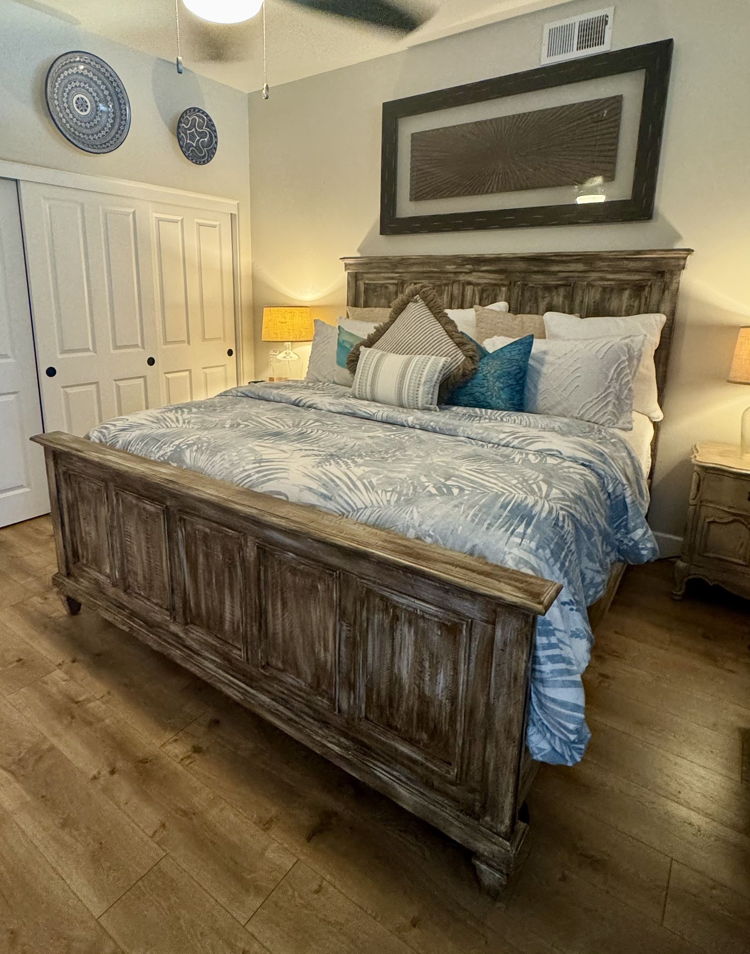 Custom commissioned King bedframe, hand painted shabby chic and solid wood reclaimed from 1850s ship