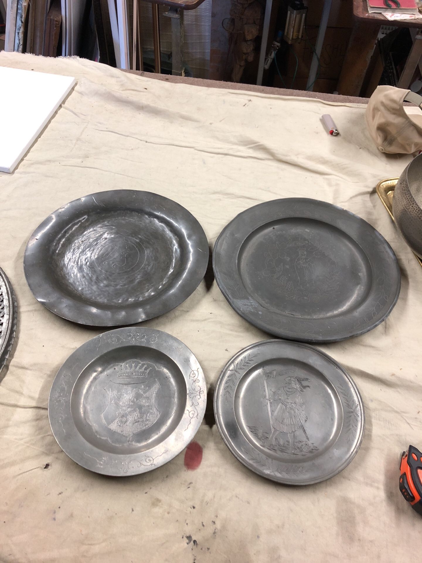 Antique collectible pewter plates stamped