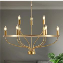 4118: New 30" Brassy Gold Chandelier, 9-Light Modern Farmhouse Candle Light Fixture
Gold Metal Frame, Adjustable Chain, Mid-Century Design