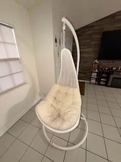 Hanging Egg Chair with Stand – White Wicker, Cream Cushion
