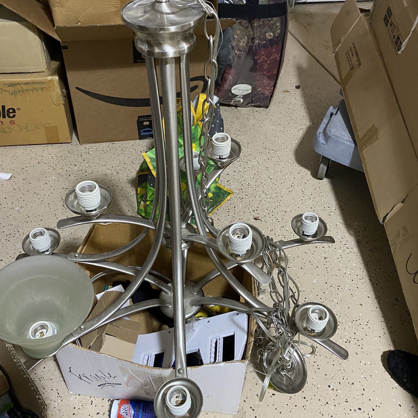 Beautiful Brushed Nickel 9 Bulb Chandelier For Entry Way/ Dining/ Room With High Ceiling Etc.