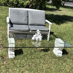 🌿 Outdoor Patio Set – White Wood Loveseat + Glass Table with Decorative Base 🌿