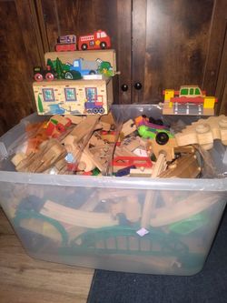 Big BIN of Wooden Trains For A Train Table