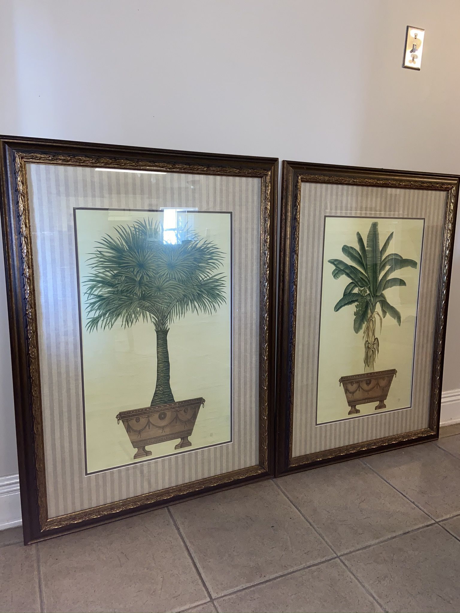 Palm Plant & Banana Tree Art Pictures with Custom Golden-Brown Ornate Frames 38x27