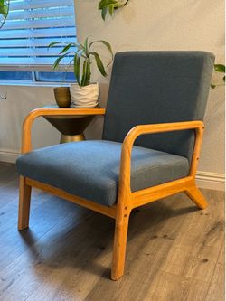 Mid-Century Modern Accent Lounge Chair | Solid Wood Frame | Blue Upholstery