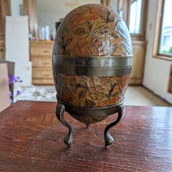 Vintage brass and enamel trinket box designed in a cloisonné egg shape