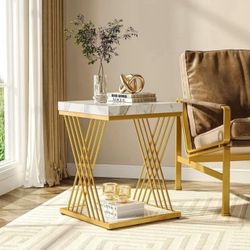 Tribesigns Square Side Table , White Gold End Table 2-Tier End Table Modern Bedside Table with Storage for Couch, Living Room Brand New B23 