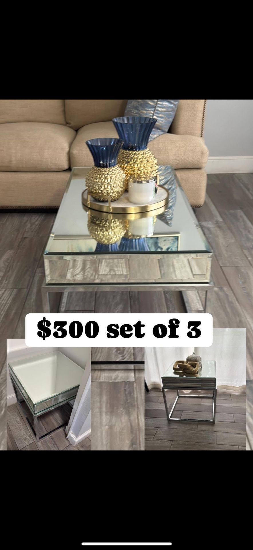 Set Of 3 Mirror Coffee and End Tables