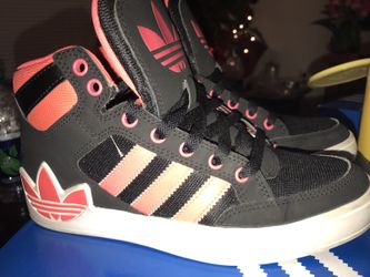 Black and pink Adidas high top sneakers
