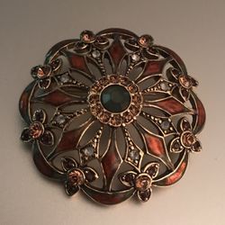 Vintage Monet Medallion Flower Domed Rhinestone Enamel Brooch Signed 