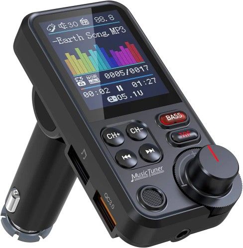 Nulaxy Bluetooth Car Adapter 1.8" Color Screen Strong Mic, QC3.0 Fast Charger Wireless FM Radio Transmitter with Treble & Bass Sound Music Player, Han