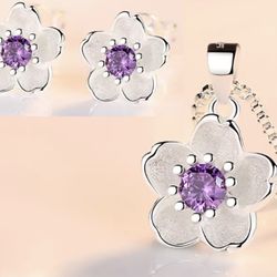 Silver Purple Cherry Blossom Flowers Necklace Stud Earrings Set