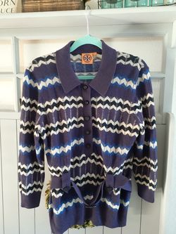 Tory Burch-Chevron Multi-Color 3/4 Sleeve Belted Sweater-Size L-LIKE NEW