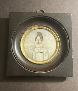 Vintage Miniature Hand Painting in wood frame w/guilt metal liner, circa 1810-20