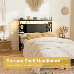New black Twin Headboard with Storage, Headboards with Power Outlet and Smart LED Lights