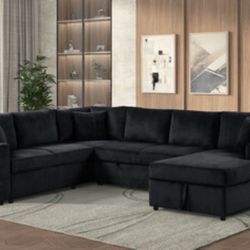 123"W Black Corduroy Sleeper Sectional Sofa with Right-Facing Storage Chaise and Throw Pillows