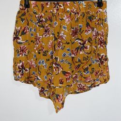 Boho Mustard Floral Flowy Shorts w/ Ruffle Hem 