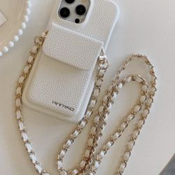 White Leather Crossbody iPhone 14 Pro Max Case With Gold Chain And Card Pocket
