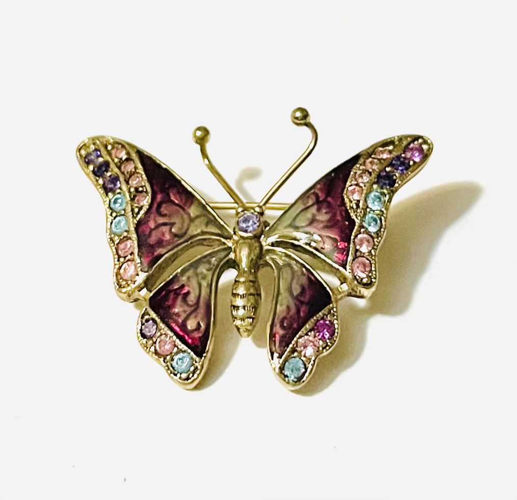 Vintage Butterfly Brooch Enamel & Rhinestones On Gold Tone Signed LC