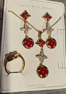 Gold-Tone Red Flower Jewelry Set