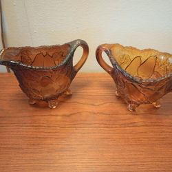 Cream Sugar Set Amber Indiana Glass Sweet Pear Tiara VTG Retro 70’s Coffee Tea