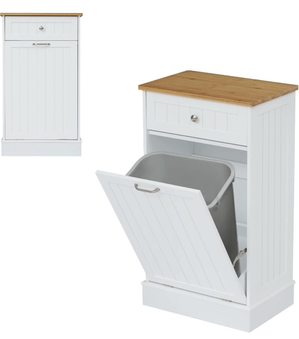 Tilt Out Trash Bin - White Wooden Trash Cabinet, Free Standing Kitchen Trash Can