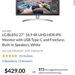 LG 4K Gaming Monitor 27" Model 27BL85U-W (2840×2160) IPS, HDMI, DP USB3.0 USB-C
NEW CONDITION👌
